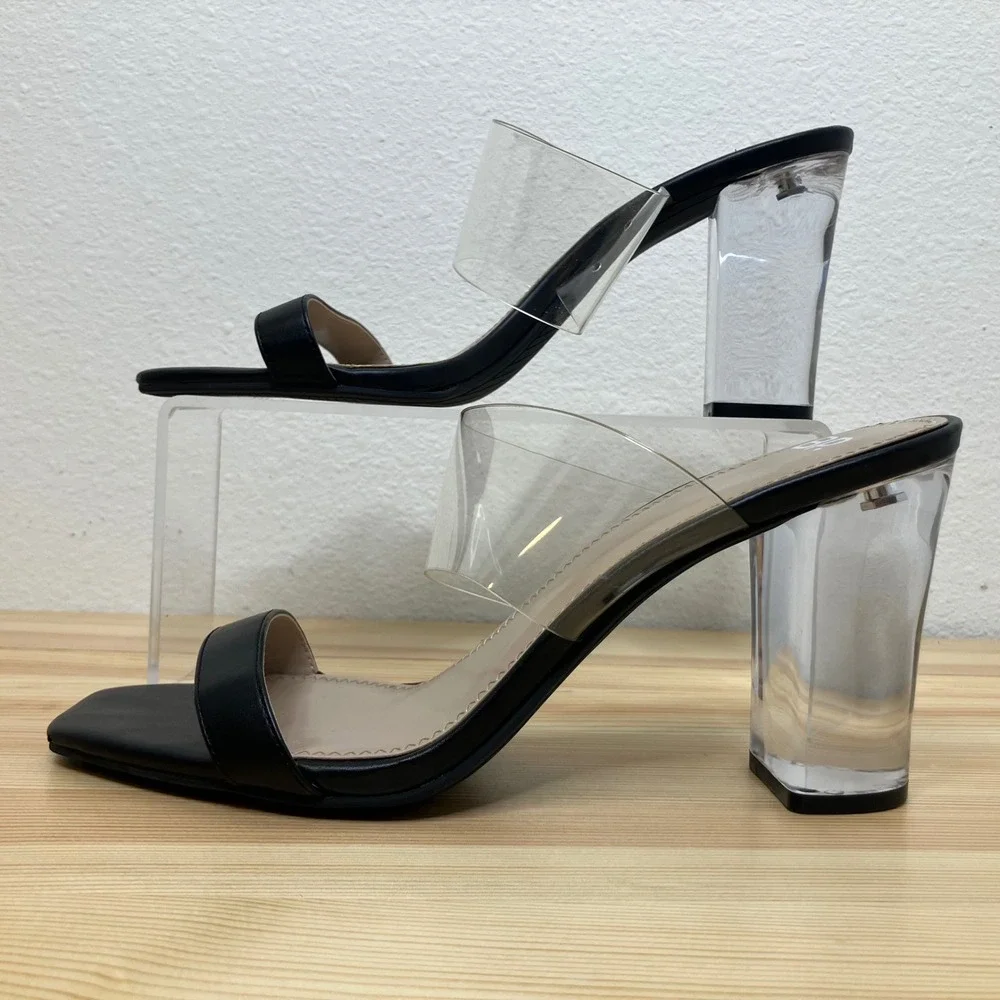 BP Naomi Nordstrom Block Heel Women 10M Black Clear Straps Square Toe Chunky Y2K